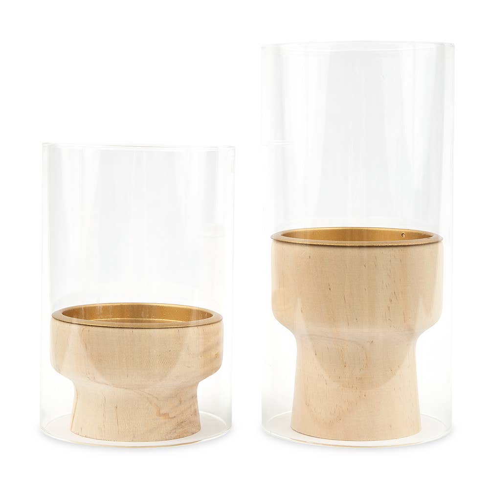 2 Contemporary Wood & Glass Pillar Candle Holders - Natural