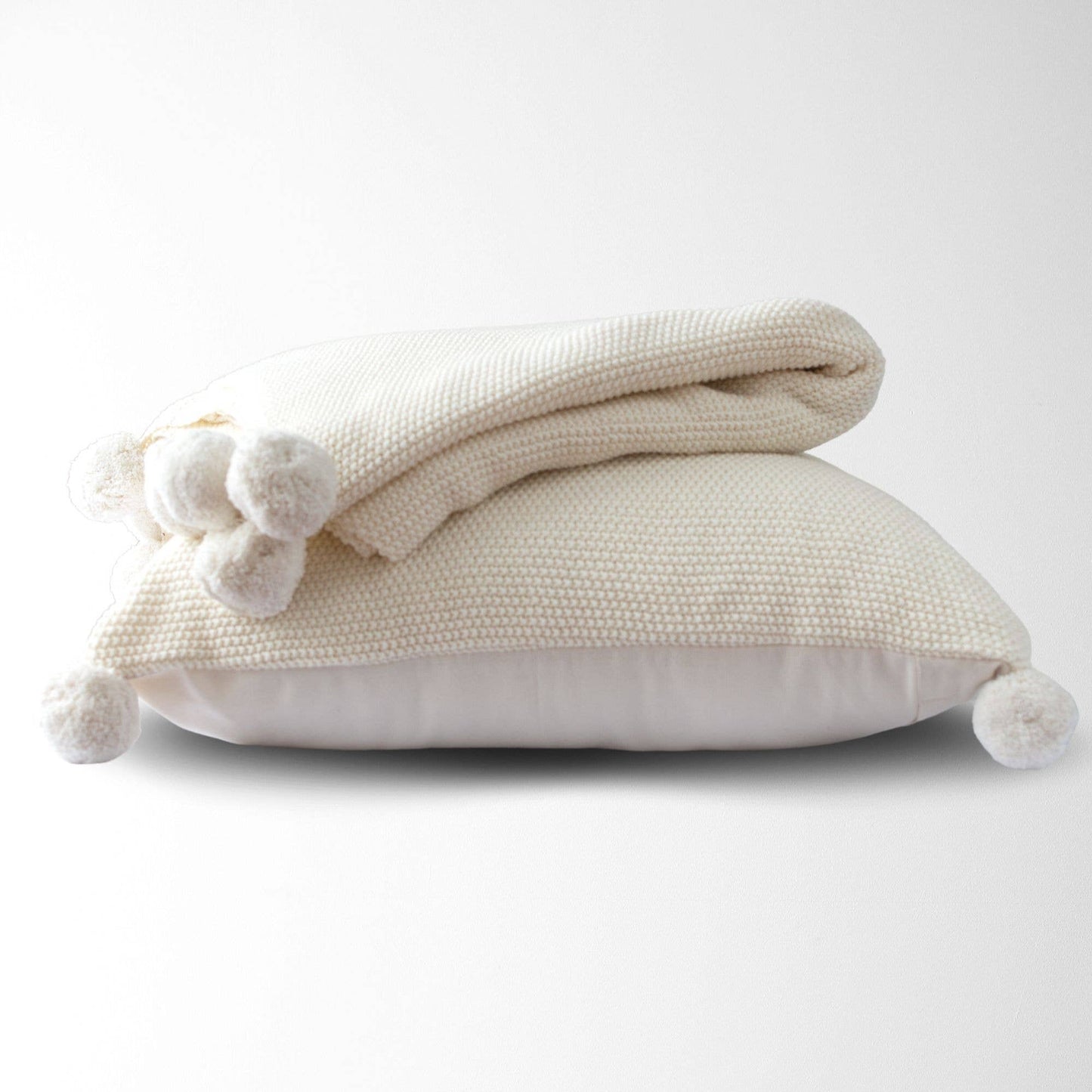 Aria Cotton Seedstitch Throw with Pompoms: Mushroom