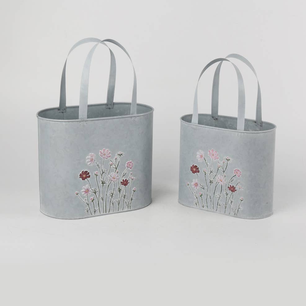 Gray Oval Bucket w/ Embossed Flowers