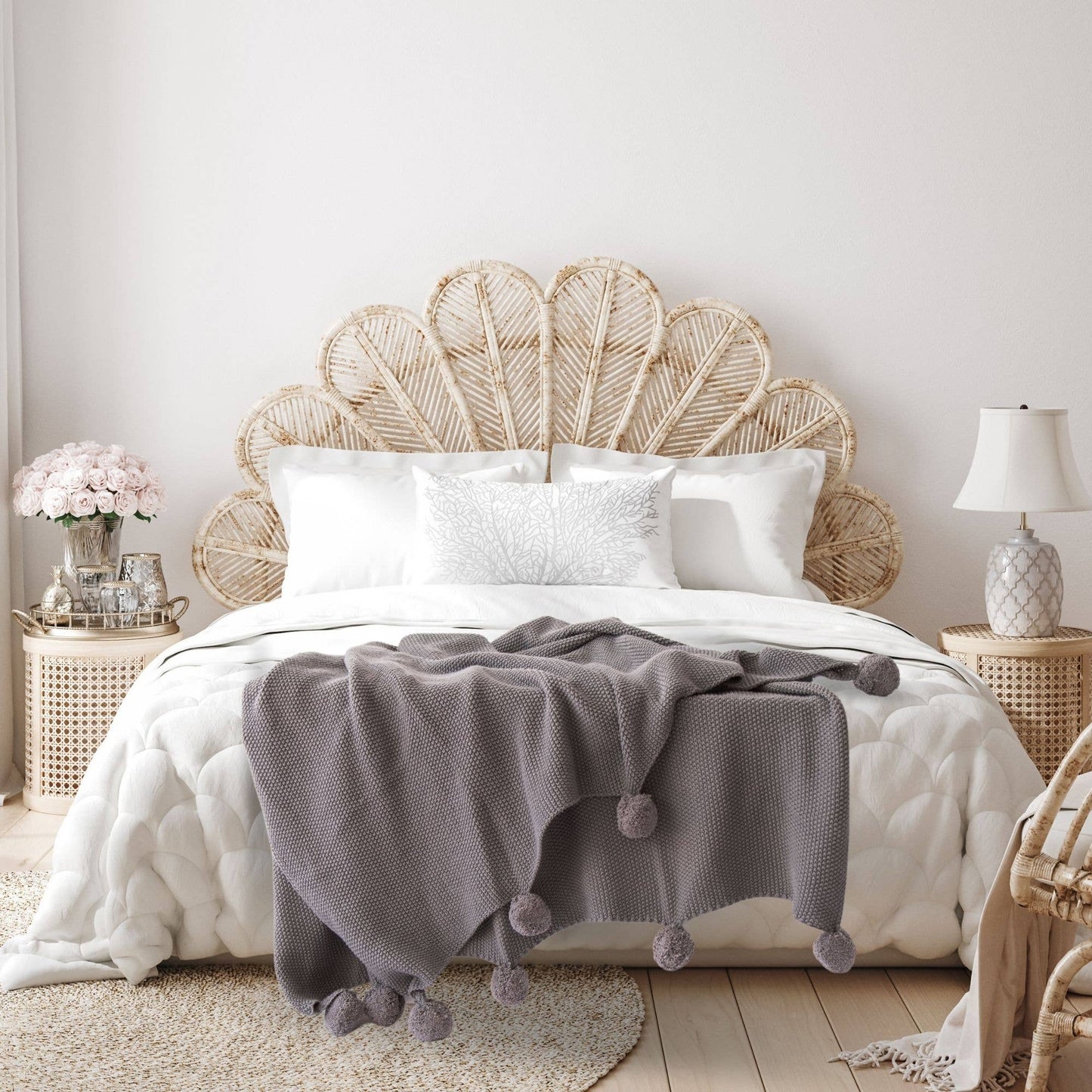Aria Cotton Seedstitch Throw with Pompoms: Mushroom