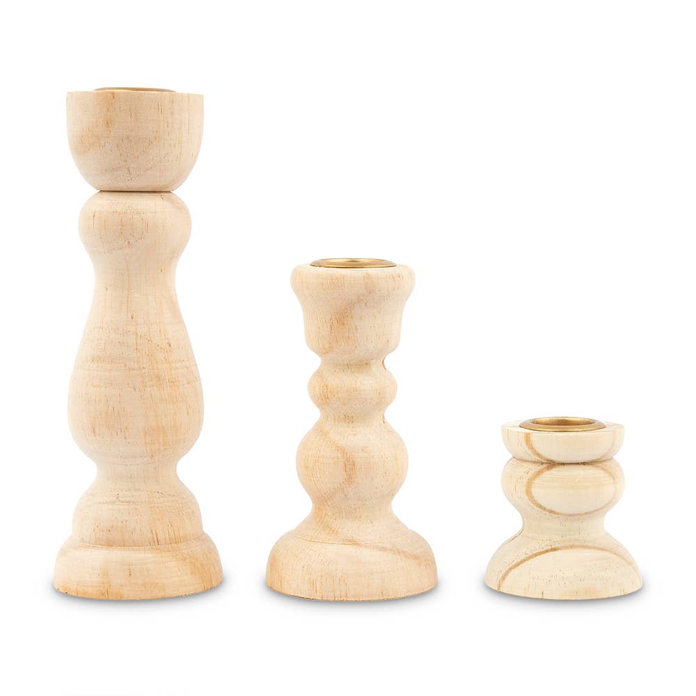 Natural Tiered Wood Spindle Taper Candle Holders Set of 3