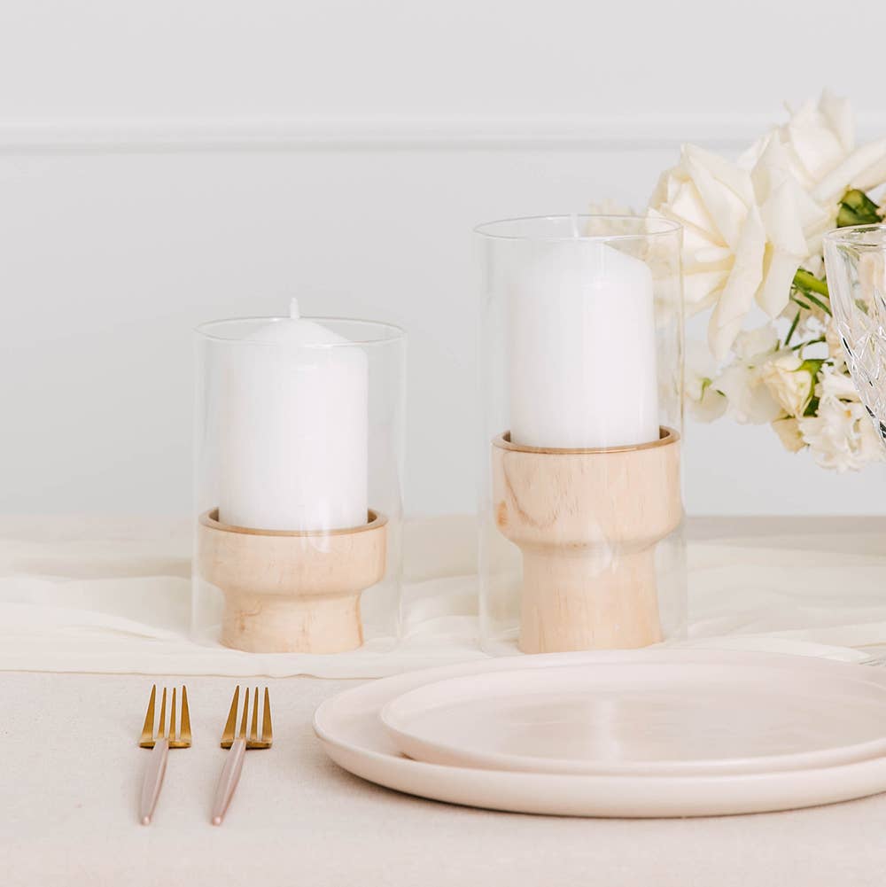 2 Contemporary Wood & Glass Pillar Candle Holders - Natural