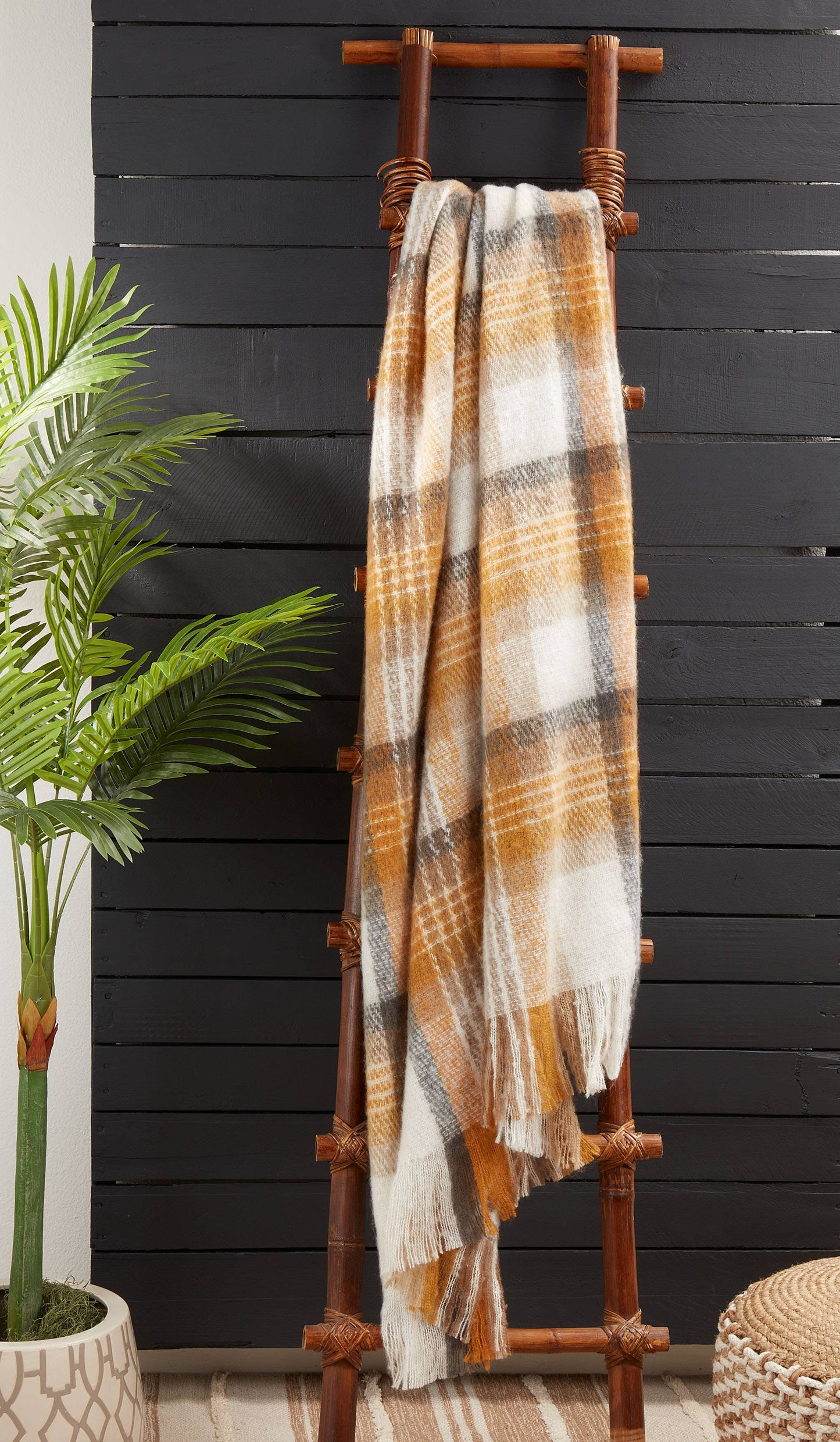 Faux Mohair Check Throw: Mustard