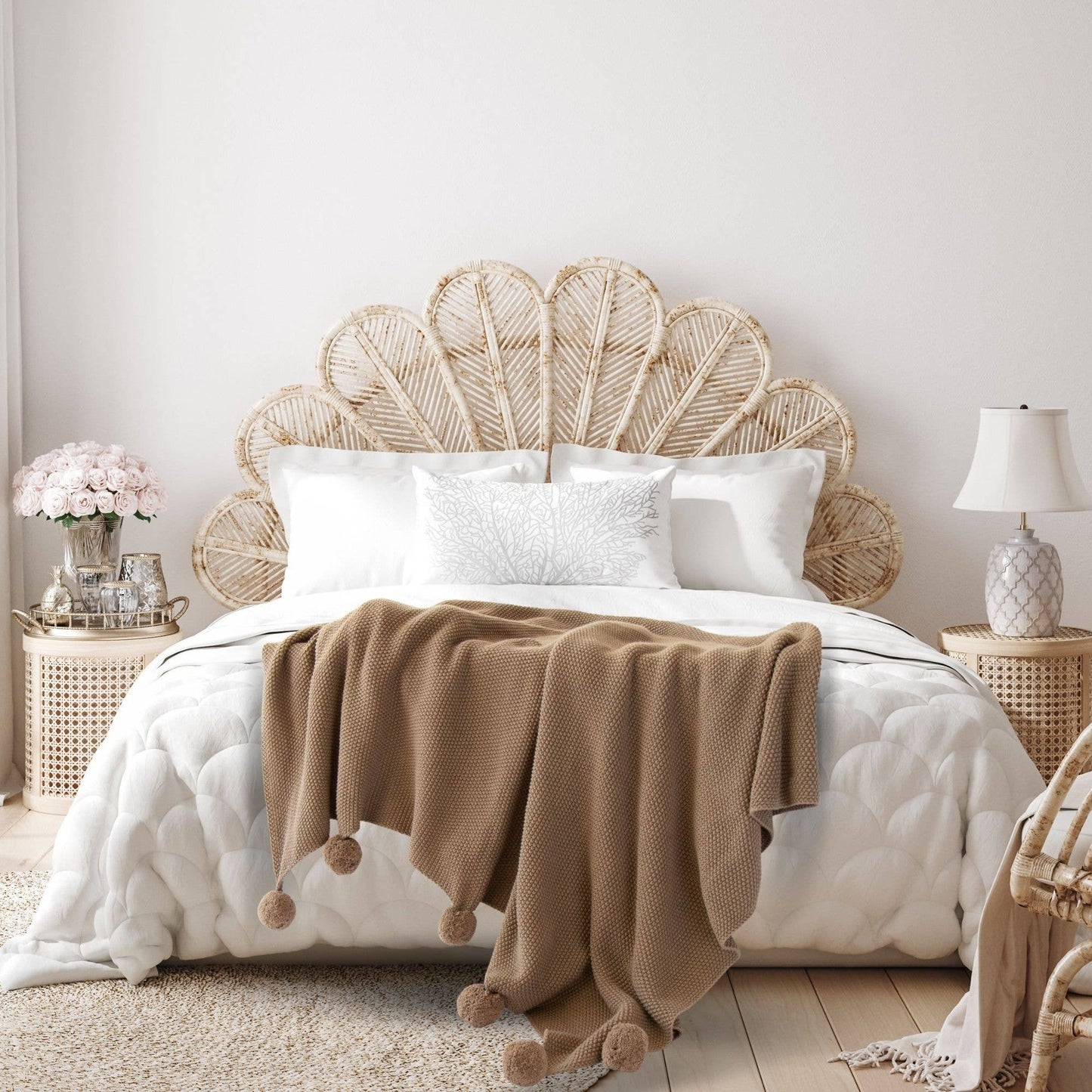 Aria Cotton Seedstitch Throw with Pompoms: Mushroom