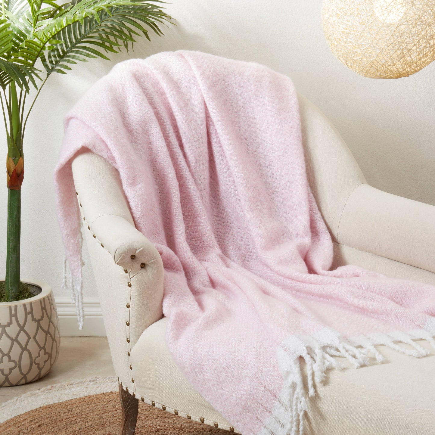 Faux Mohair Herringbone Fringed Throw: Natural
