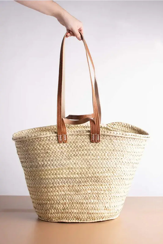 Handmade French Market Basket - Straw & Leather
