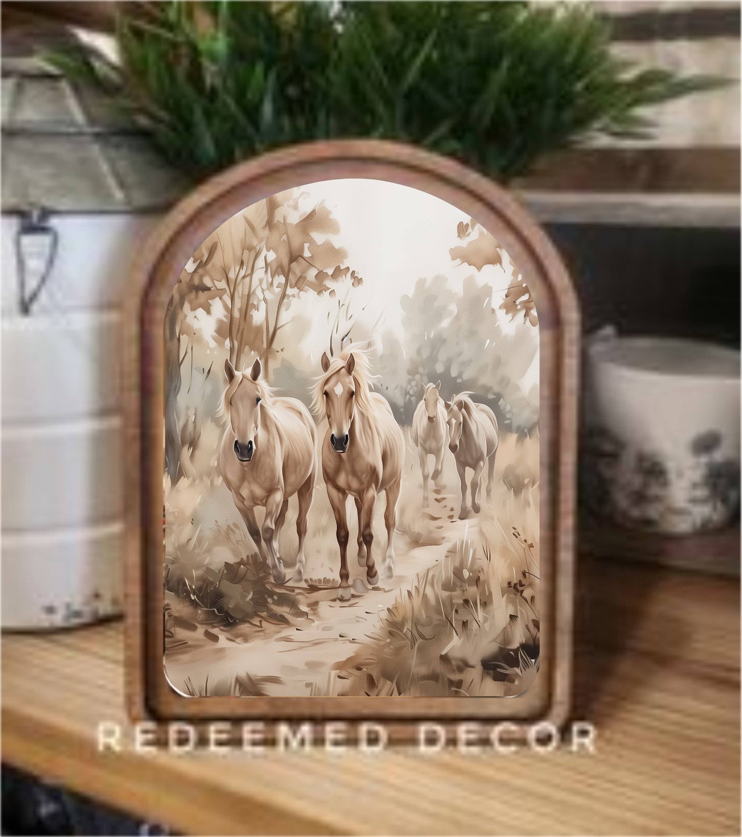 Arch Top Muted Horses Framed Art