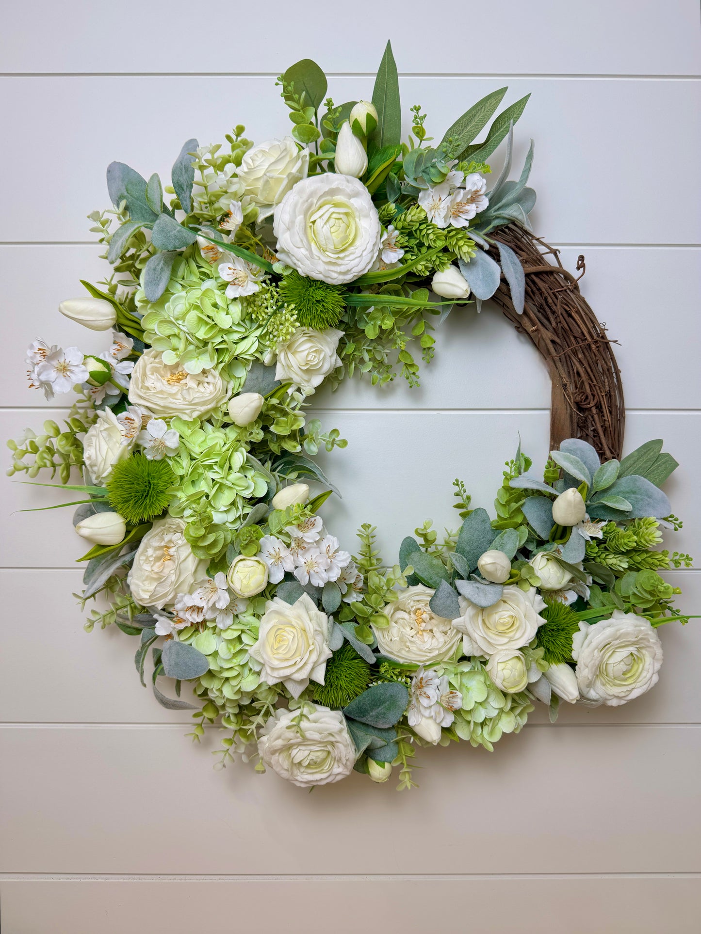 Summer Garden in White - Custom Real Touch Hydrangea, Rose & Tulip Wreath