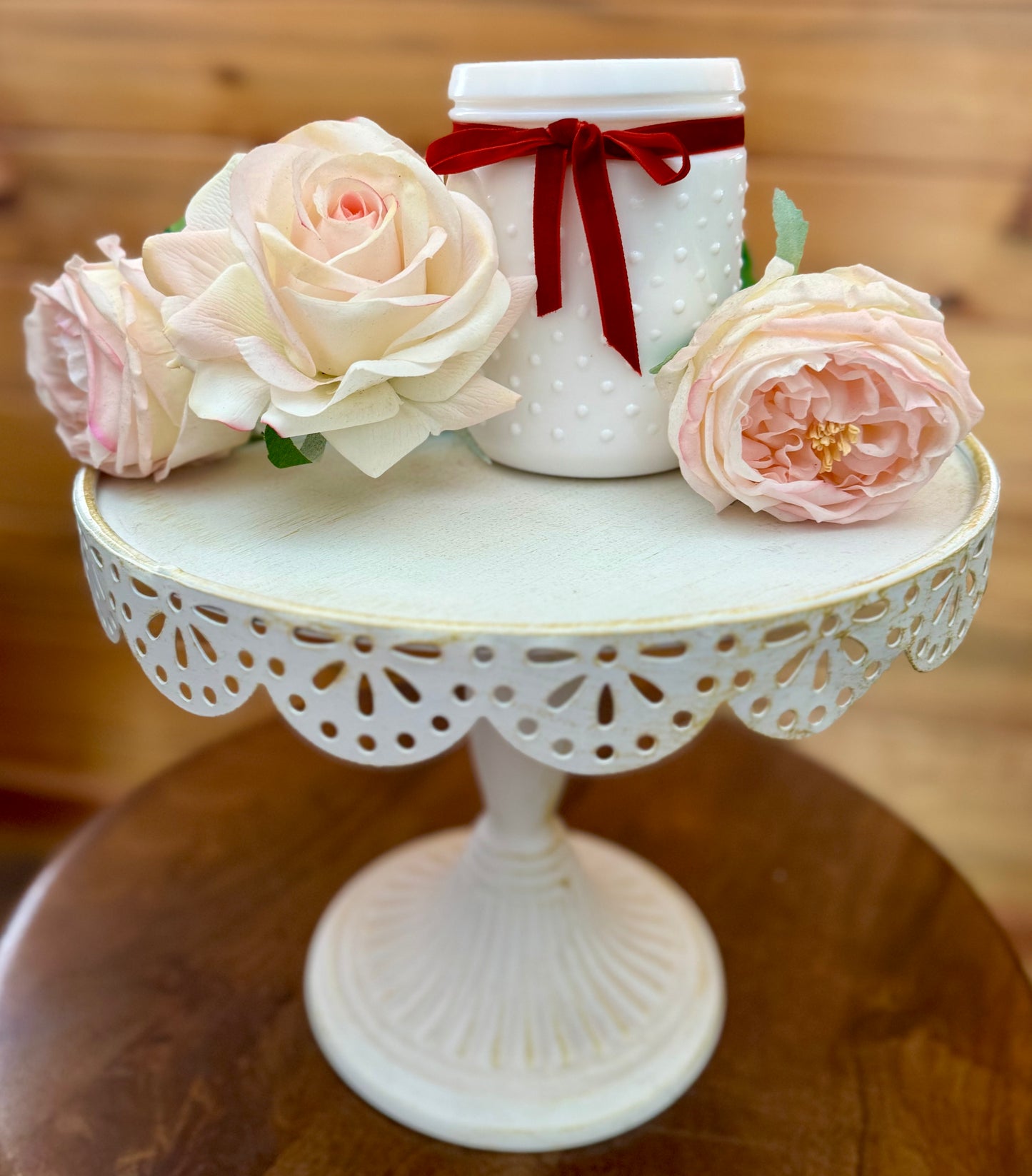White Hobnail Jar - Farmhouse Kitchen (red ribbon)