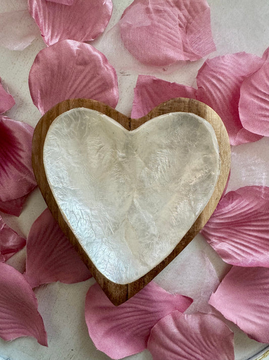 Teak Wood Heart Dish w Abalone Inlay