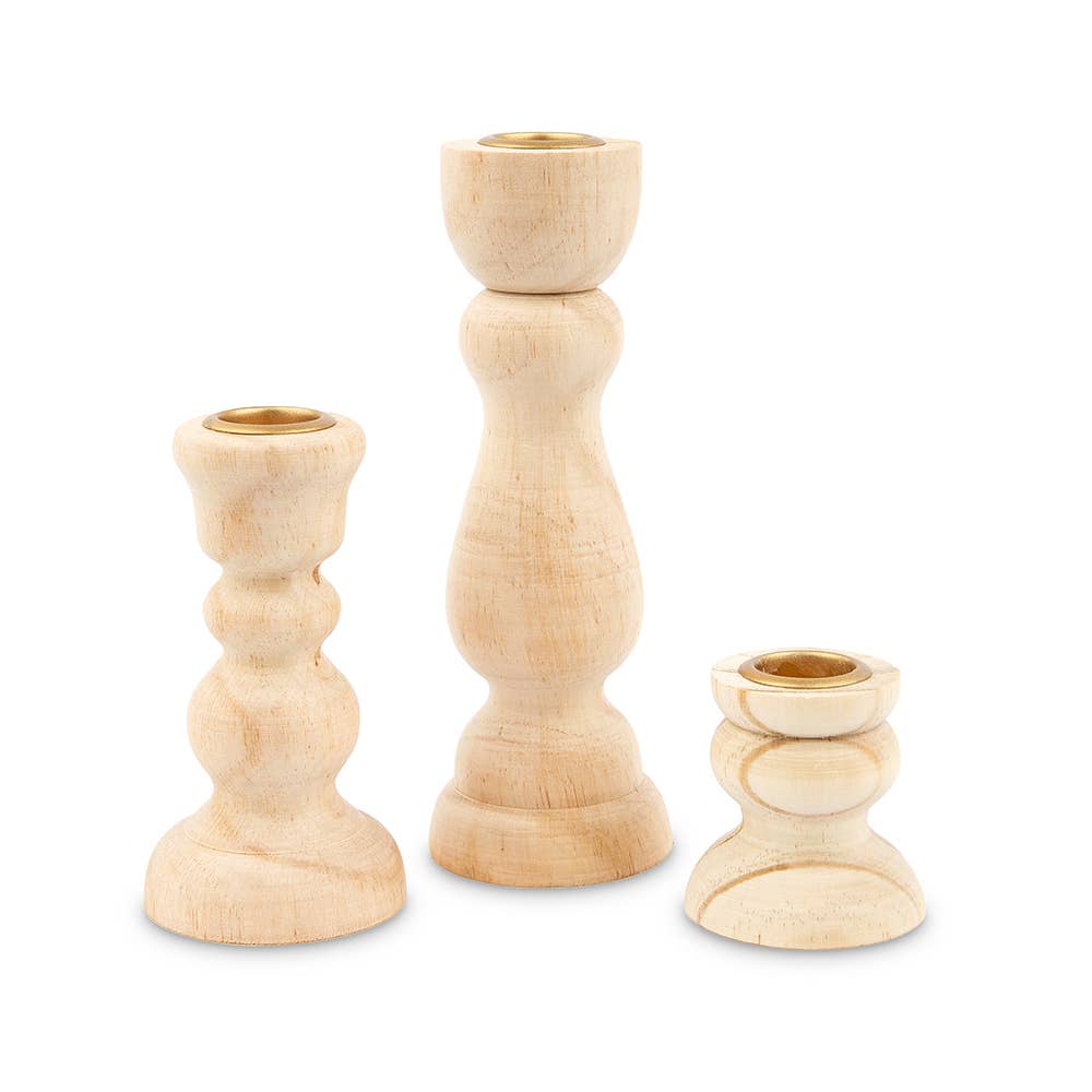 Natural Tiered Wood Spindle Taper Candle Holders Set of 3