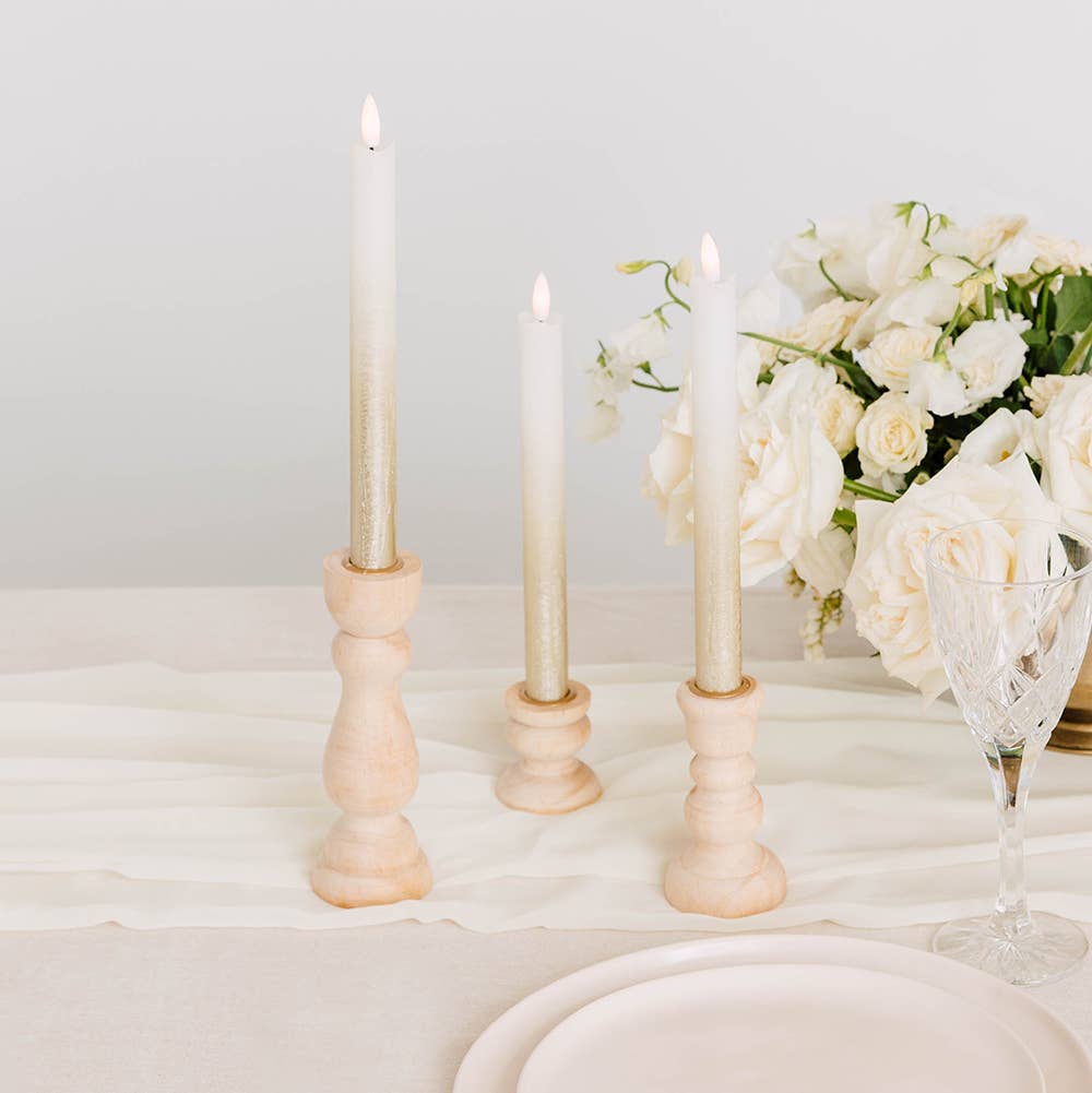 Natural Tiered Wood Spindle Taper Candle Holders Set of 3