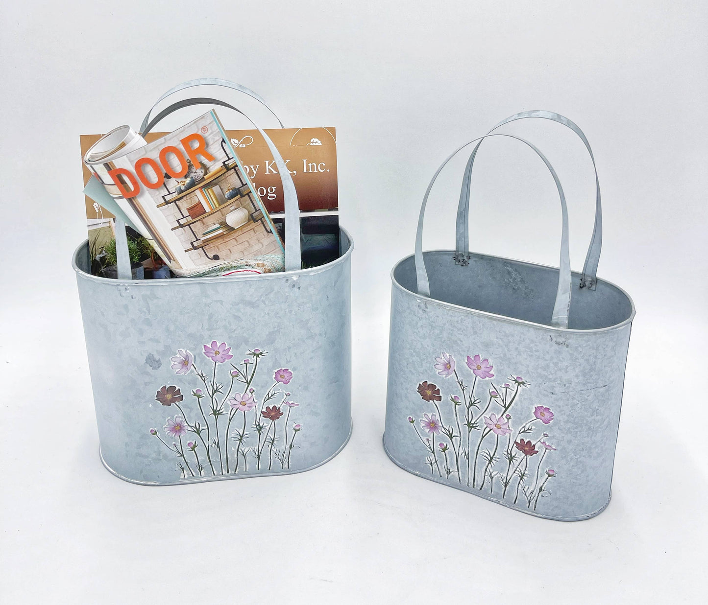 Gray Oval Bucket w/ Embossed Flowers