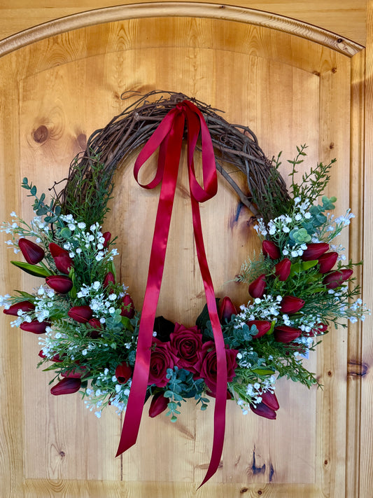 Custom Real Touch Red Rose & Tulip Wreath with Red Satin Ribbon