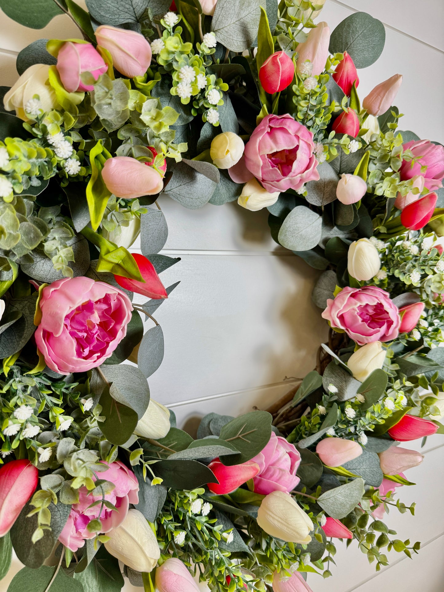 Custom Real Touch Tulip & Peony Wreath - Pink