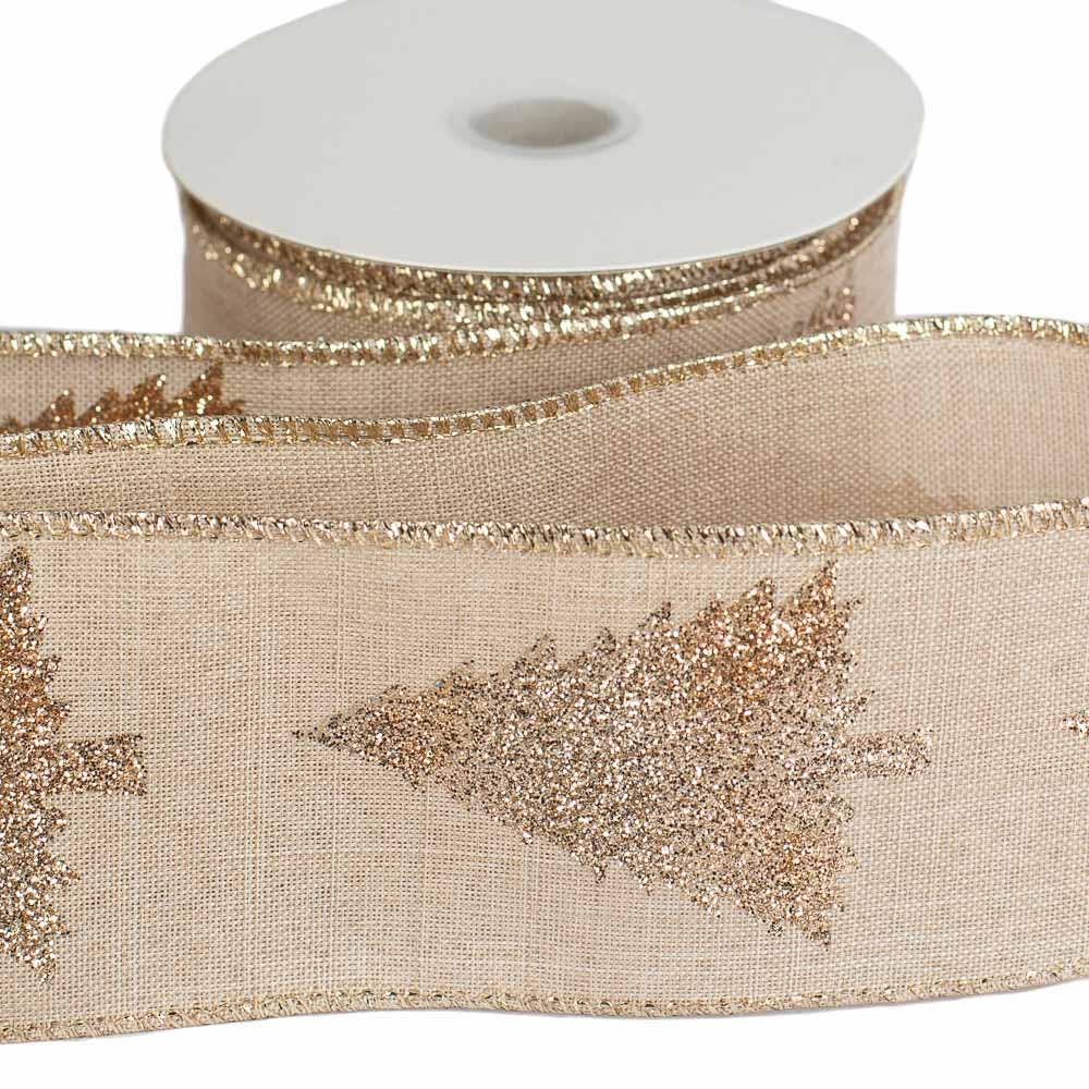 2-1/2" Gold Glittered Christmas Tree Wired Ribbon10yd Spool