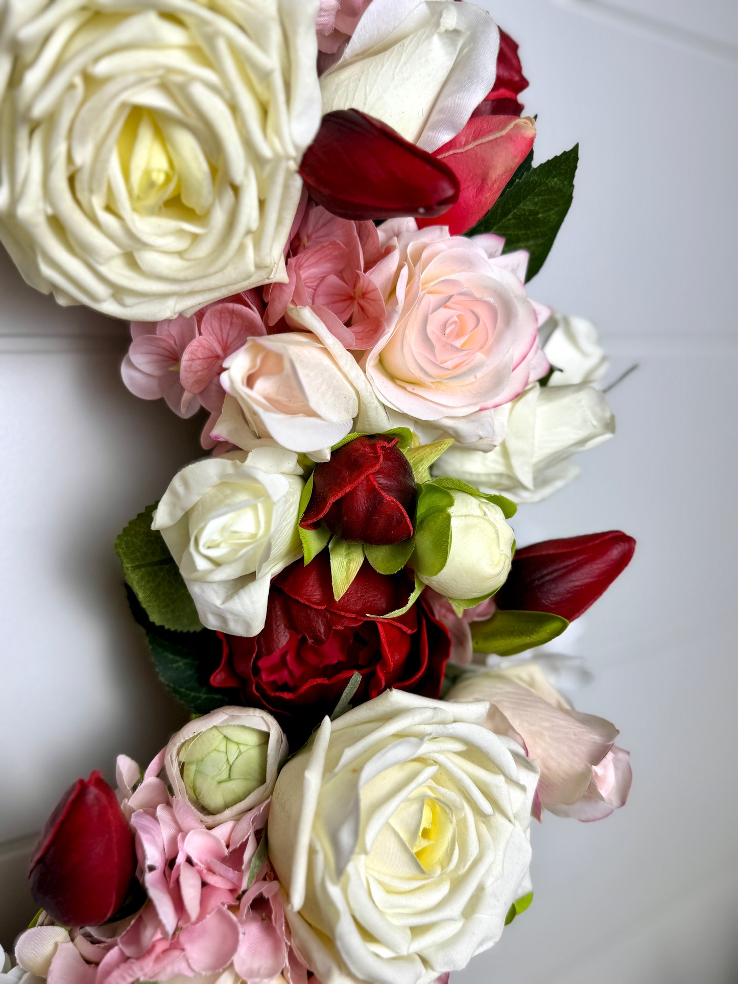 Custom Real Touch Blush, Ivory & Red Floral Front Door Wreath