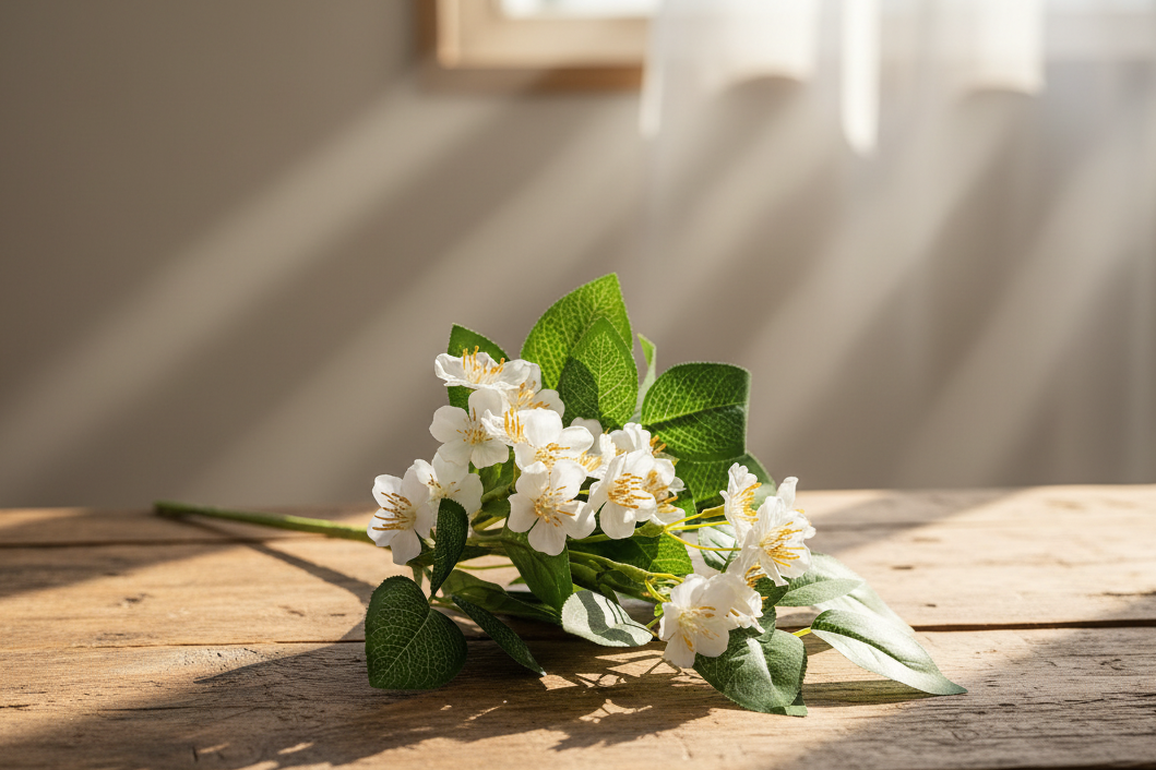 16” White Wild Rose & Foliage Stem