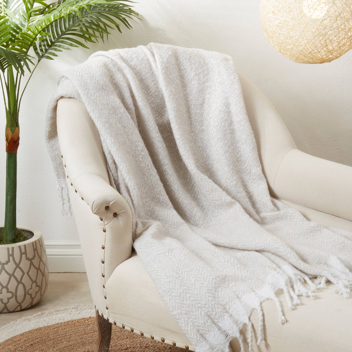 Faux Mohair Herringbone Fringed Throw: Natural