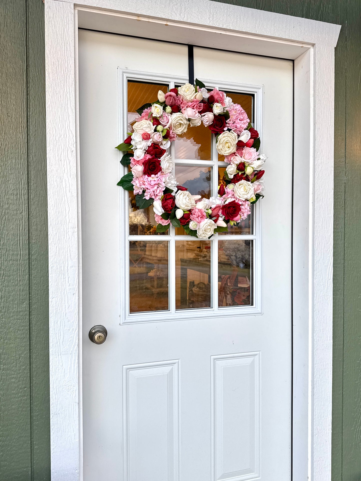 Custom Real Touch Blush, Ivory & Red Floral Front Door Wreath