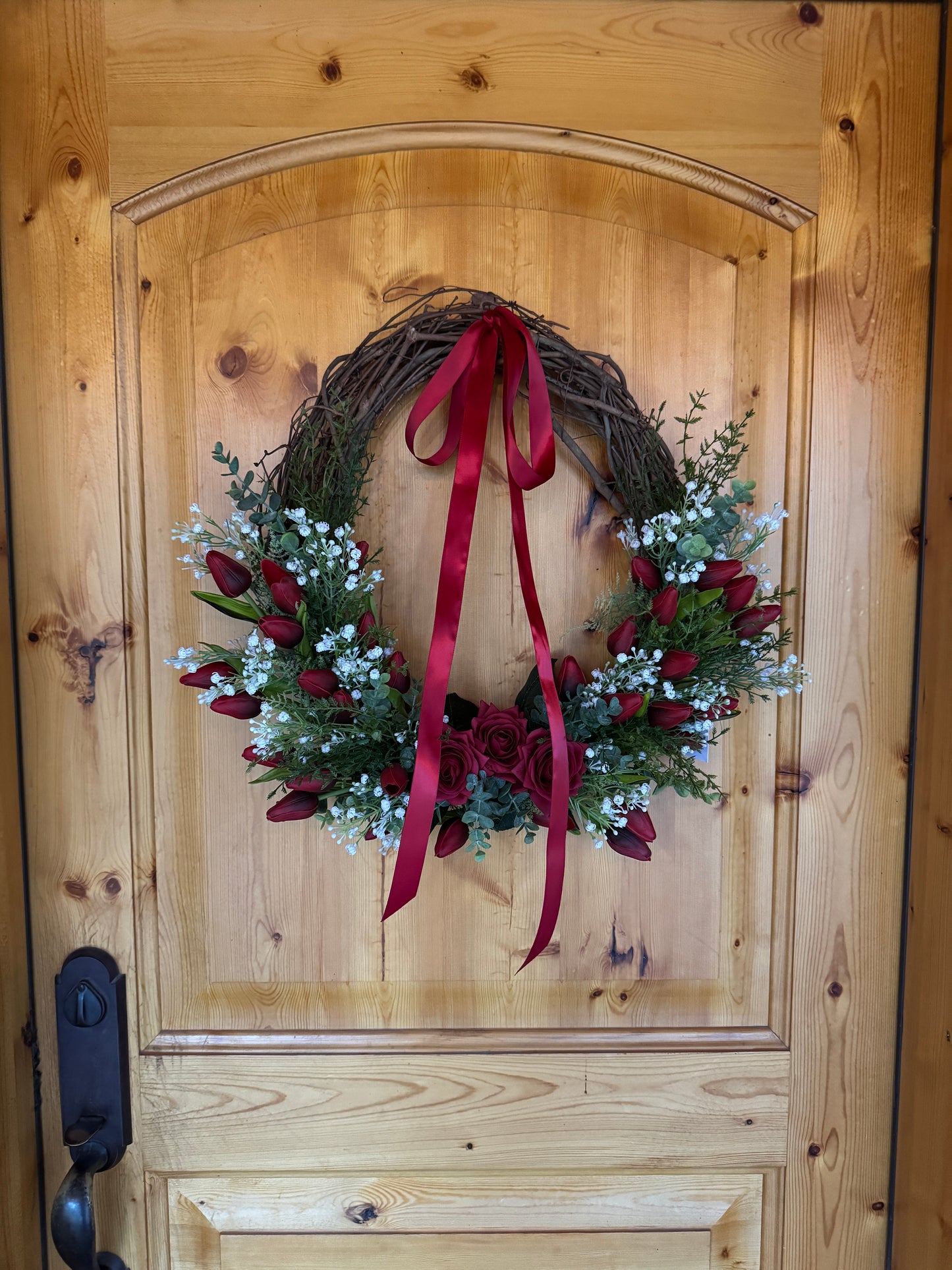 Custom Real Touch Red Rose & Tulip Wreath with Red Satin Ribbon