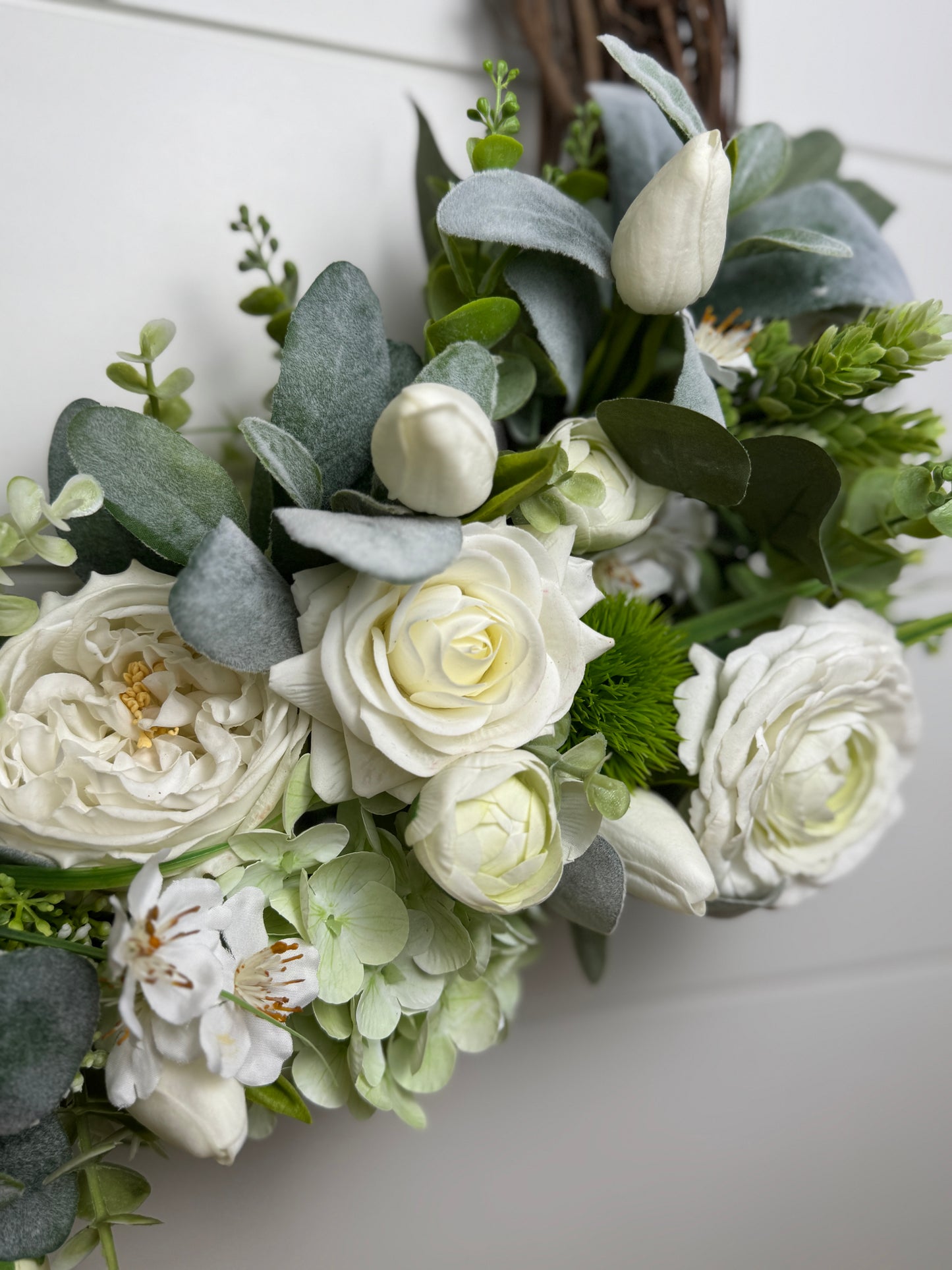 Summer Garden in White - Custom Real Touch Hydrangea, Rose & Tulip Wreath