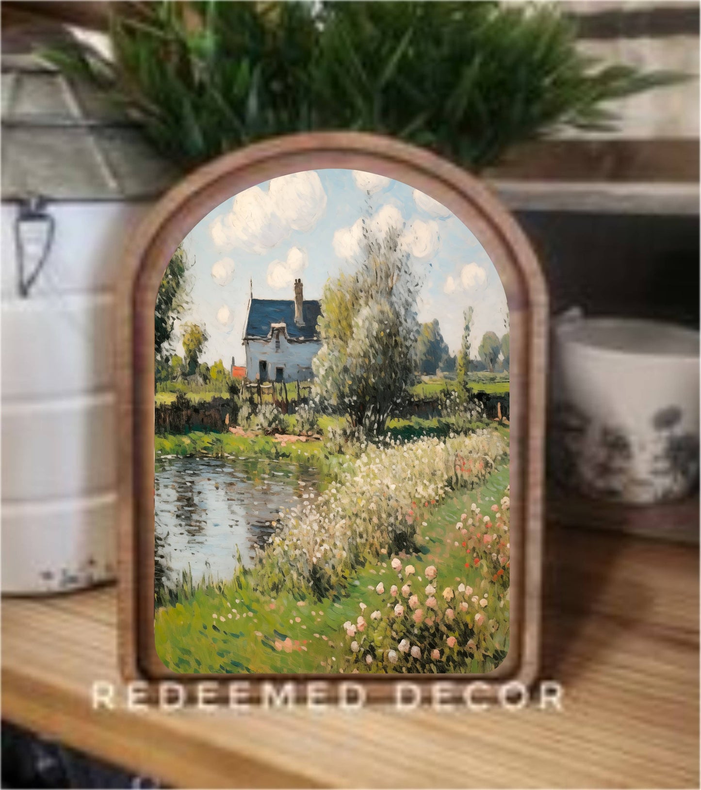 Arch Top Spring Cottage with Pond Framed Art