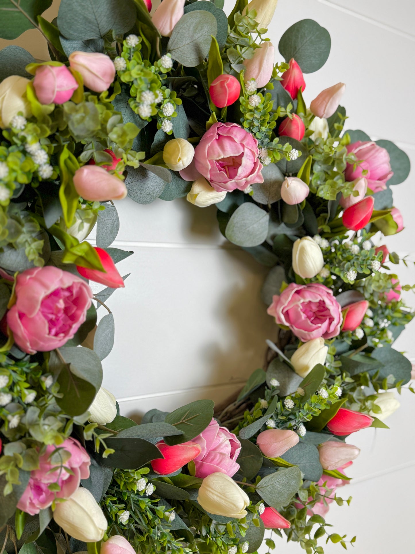 Custom Real Touch Tulip & Peony Wreath - Pink