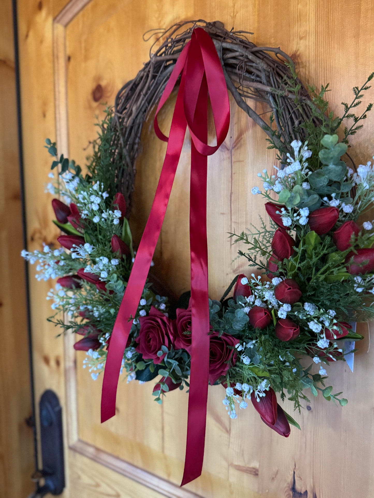 Custom Real Touch Red Rose & Tulip Wreath with Red Satin Ribbon