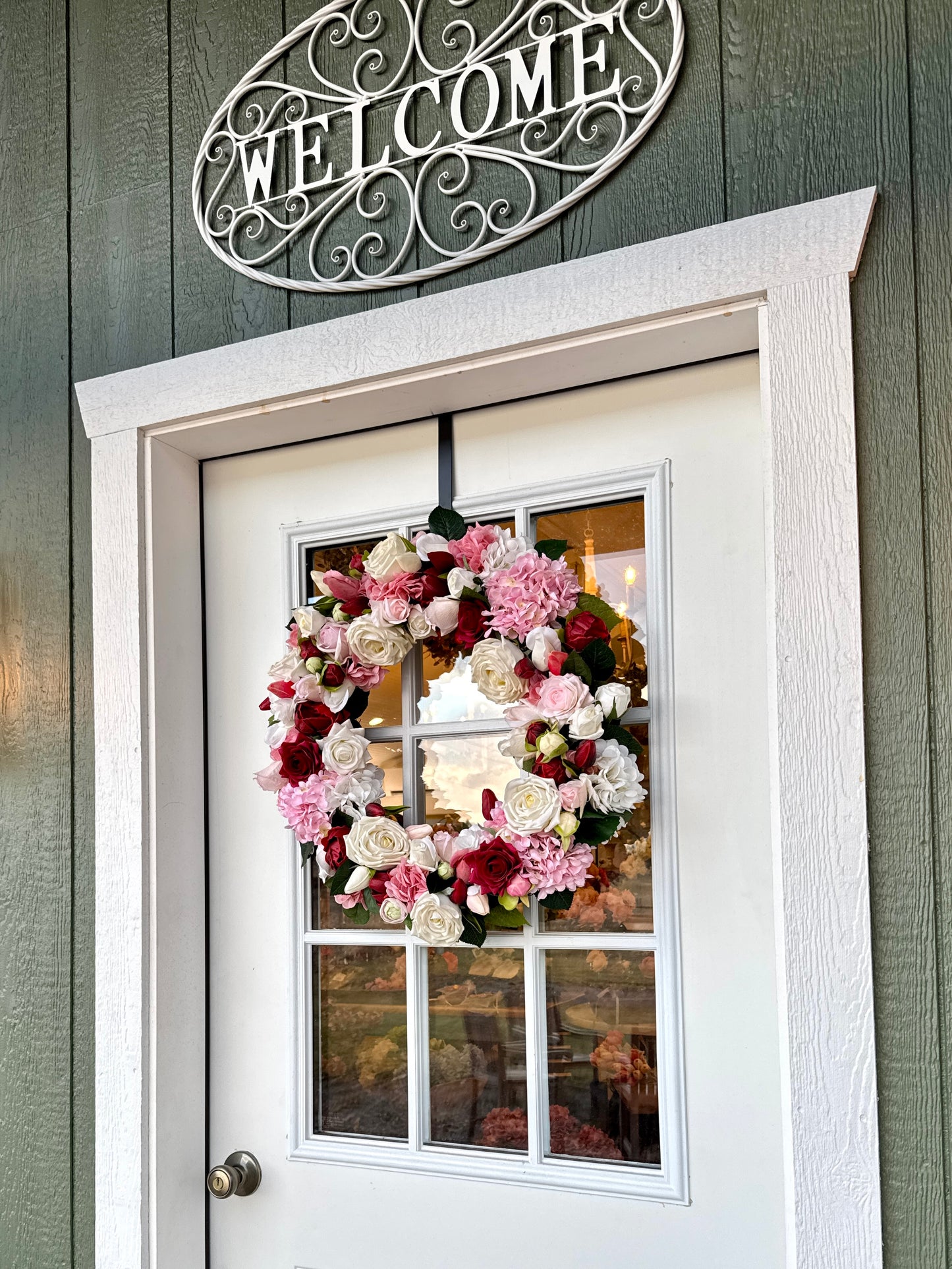 Custom Real Touch Blush, Ivory & Red Floral Front Door Wreath