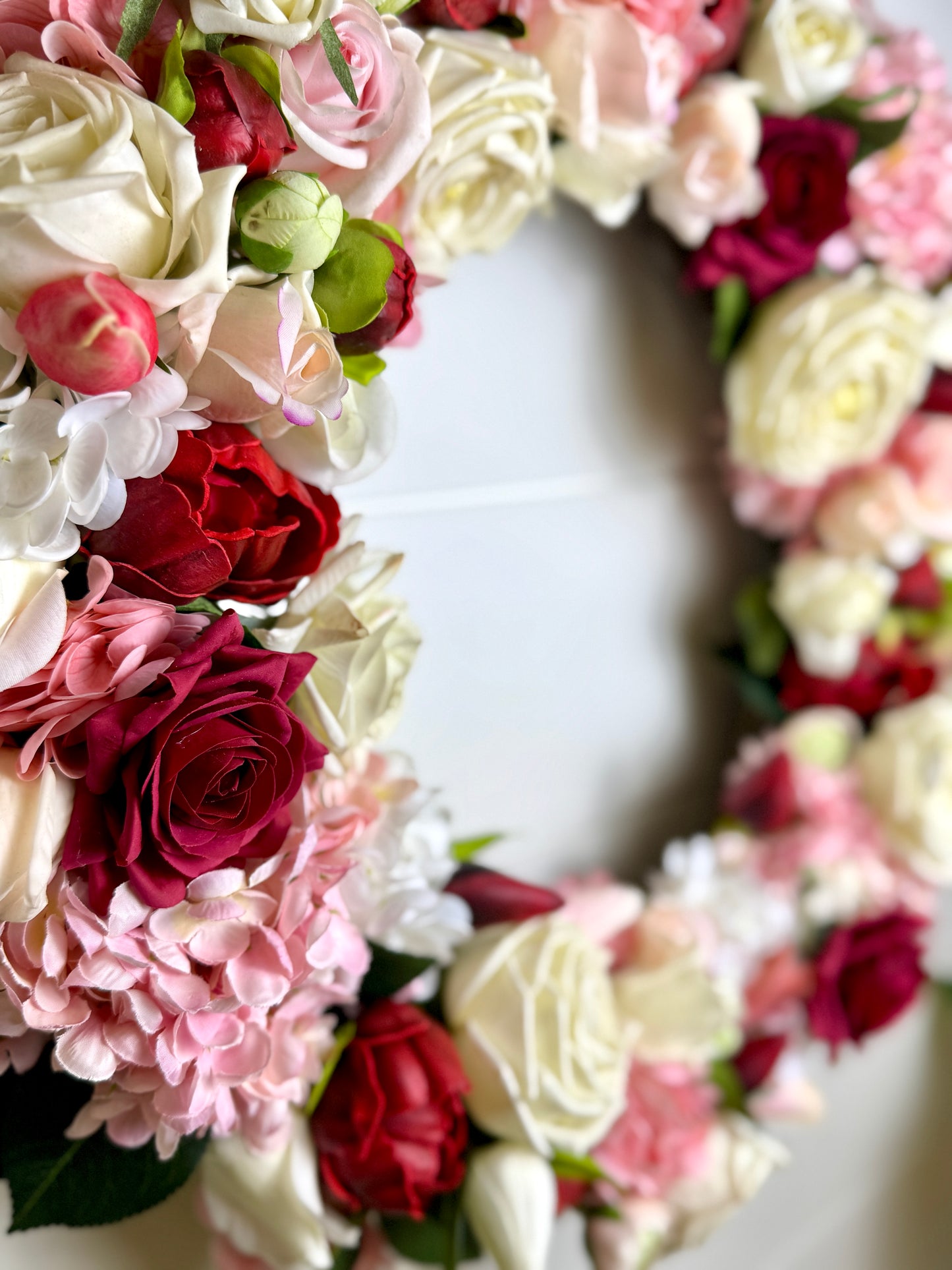 Custom Real Touch Blush, Ivory & Red Floral Front Door Wreath