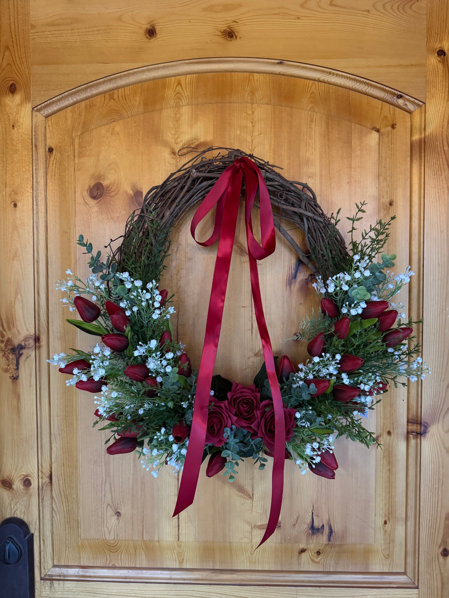 Custom Real Touch Red Rose & Tulip Wreath with Red Satin Ribbon