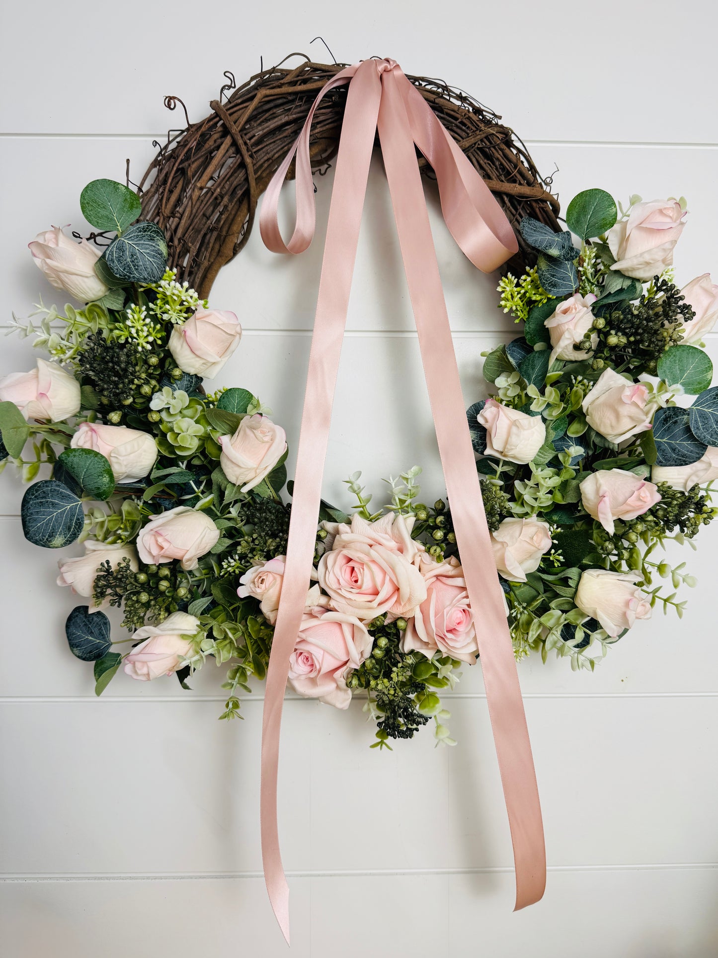 Custom Real Touch Pink Rose & Rosebud Wreath/Pink Satin Bow