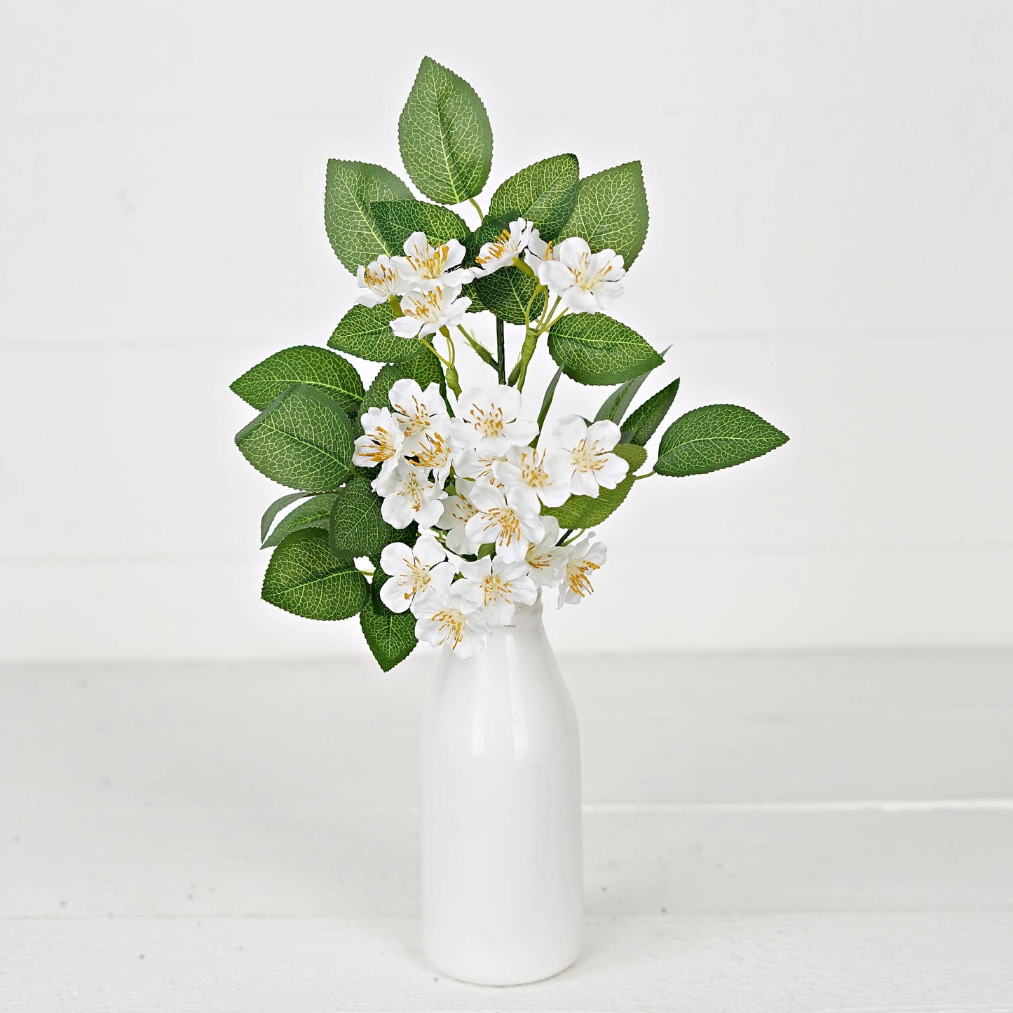 16” White Wild Rose & Foliage Stem