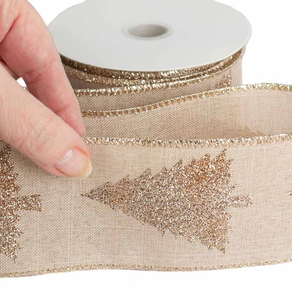2-1/2" Gold Glittered Christmas Tree Wired Ribbon10yd Spool