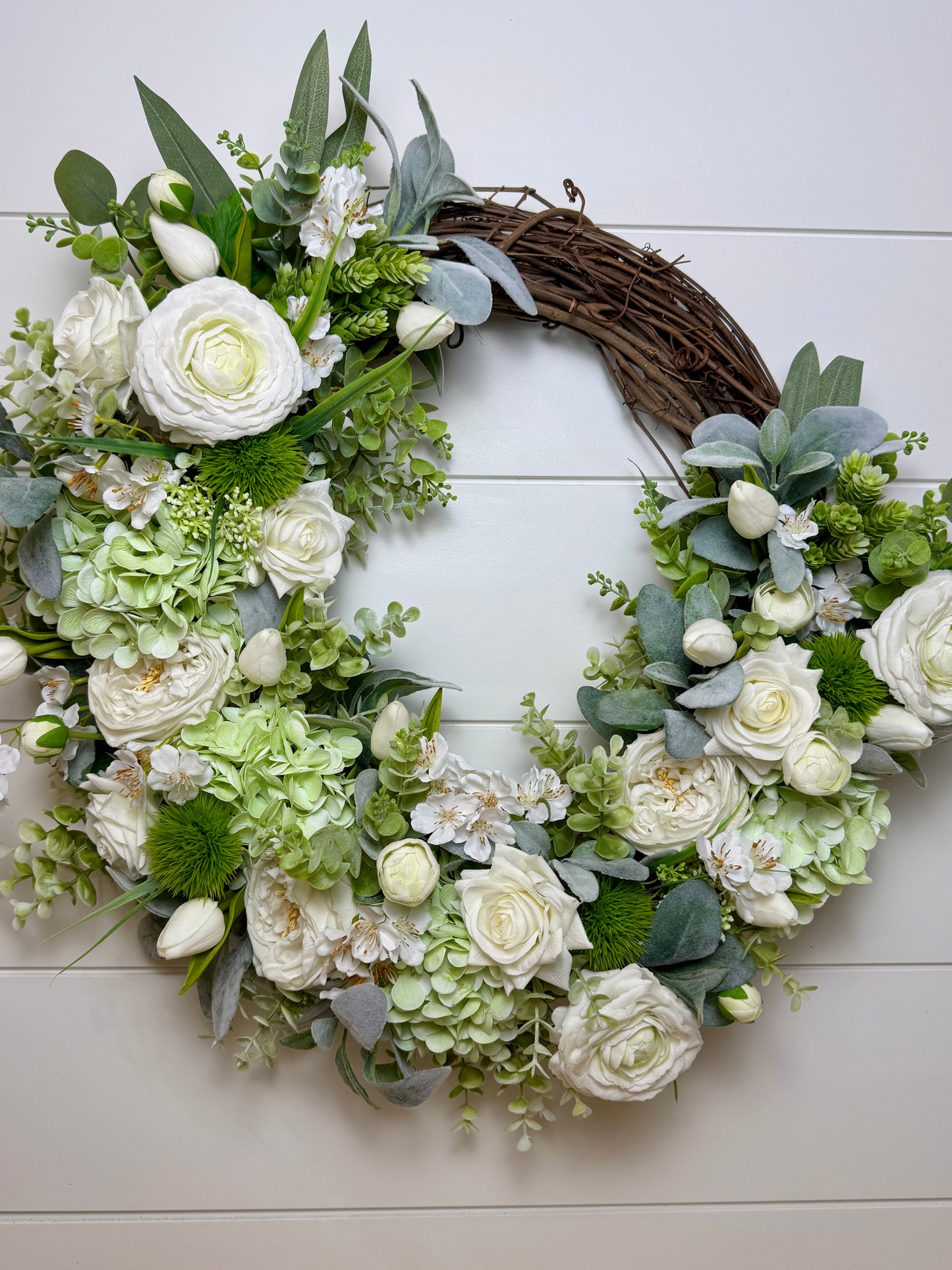 Summer Garden in White - Custom Real Touch Hydrangea, Rose & Tulip Wreath