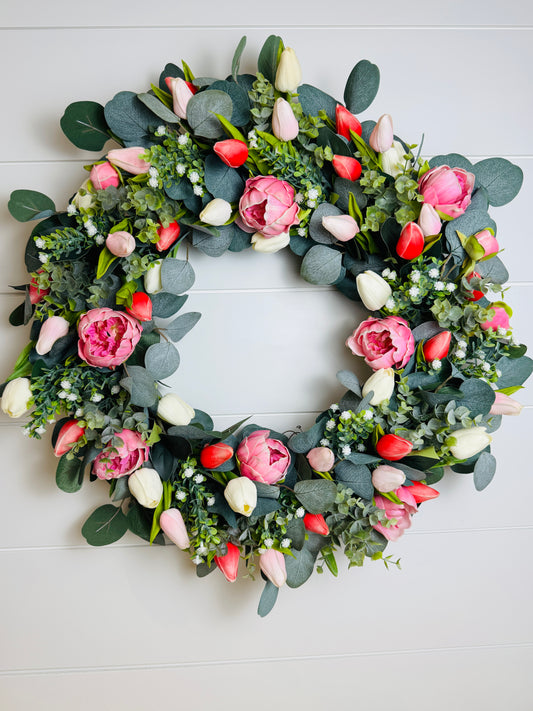 Custom Real Touch Tulip & Peony Wreath - Pink