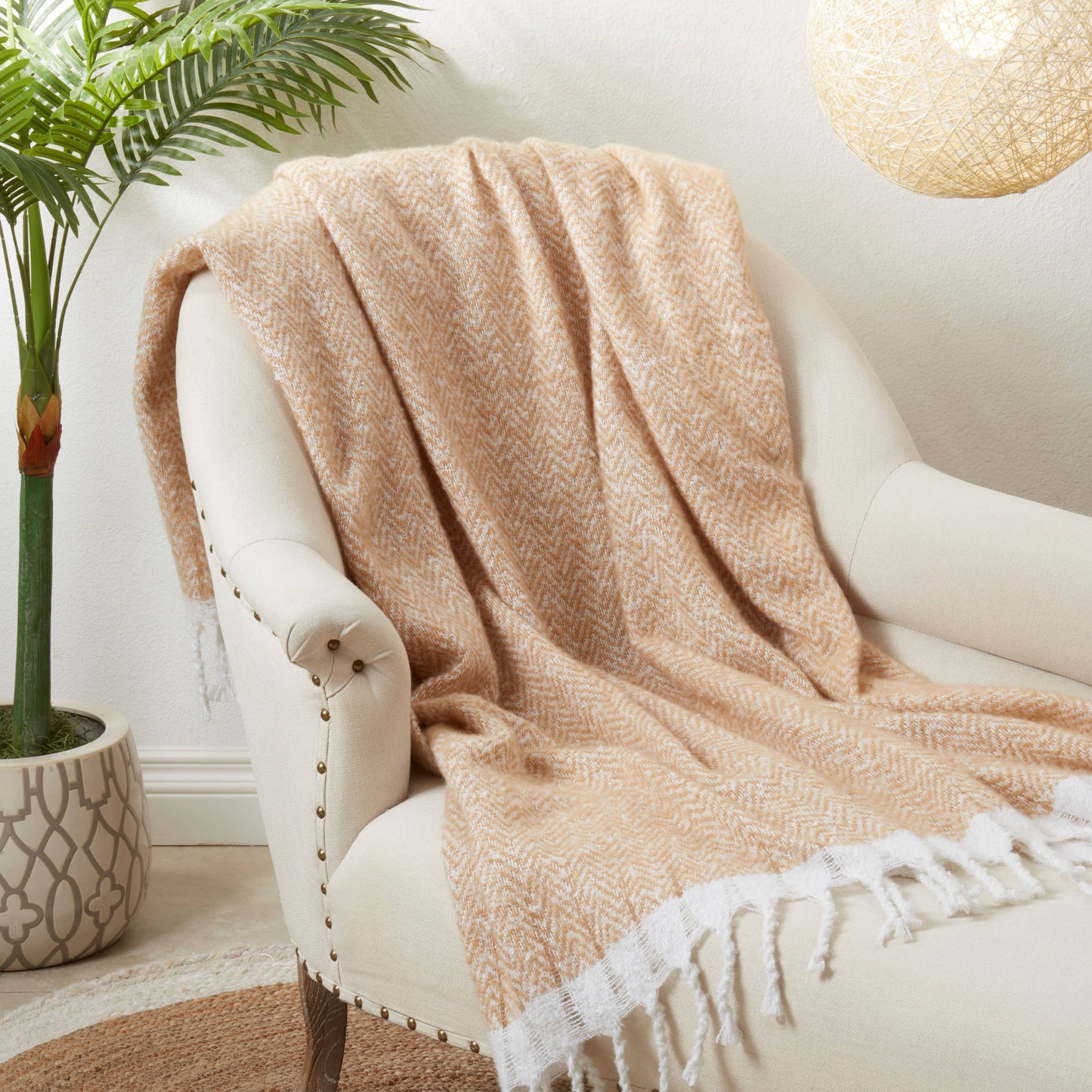 Faux Mohair Herringbone Fringed Throw: Natural