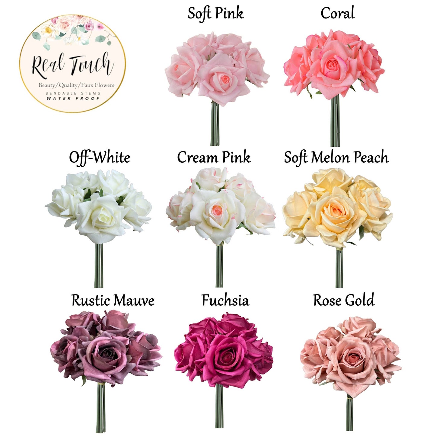 10" Real Touch Open Rose Bouquet