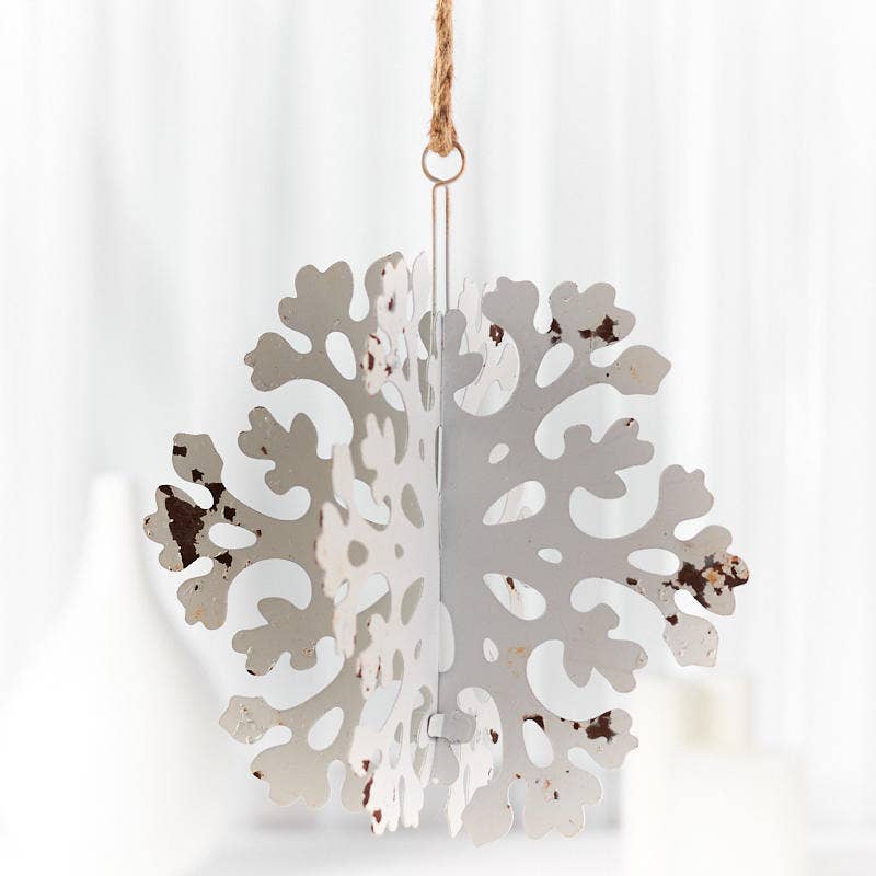 10" Weathered White 3D Metal Snowflake Ornament
