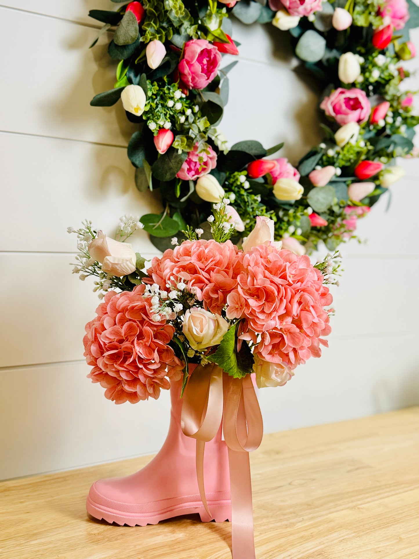 Custom Real Touch Tulip & Peony Wreath - Pink