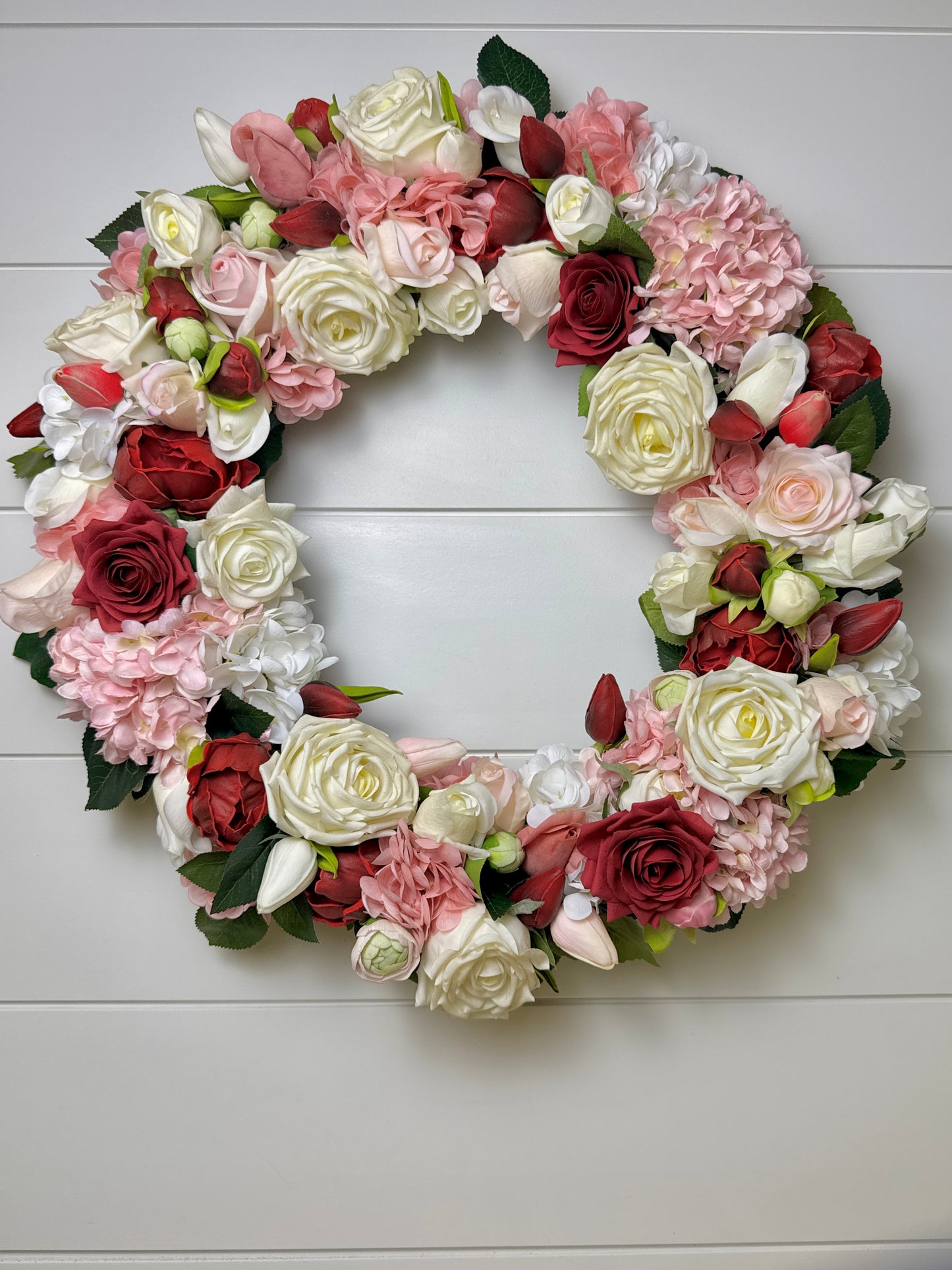 Custom Real Touch Blush, Ivory & Red Floral Front Door Wreath