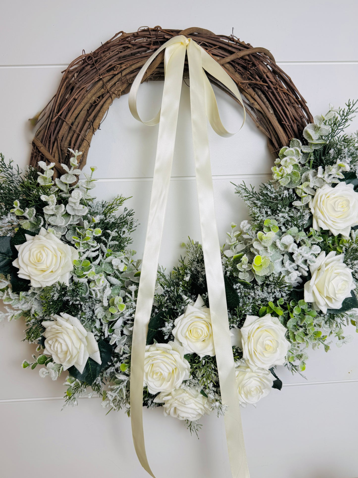 Custom Flocked White Winter Rose & Eucalyptus Wreath