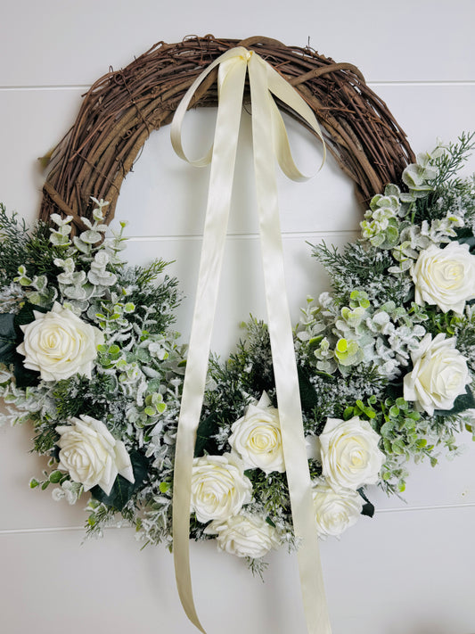 Custom Flocked White Winter Rose & Eucalyptus Wreath