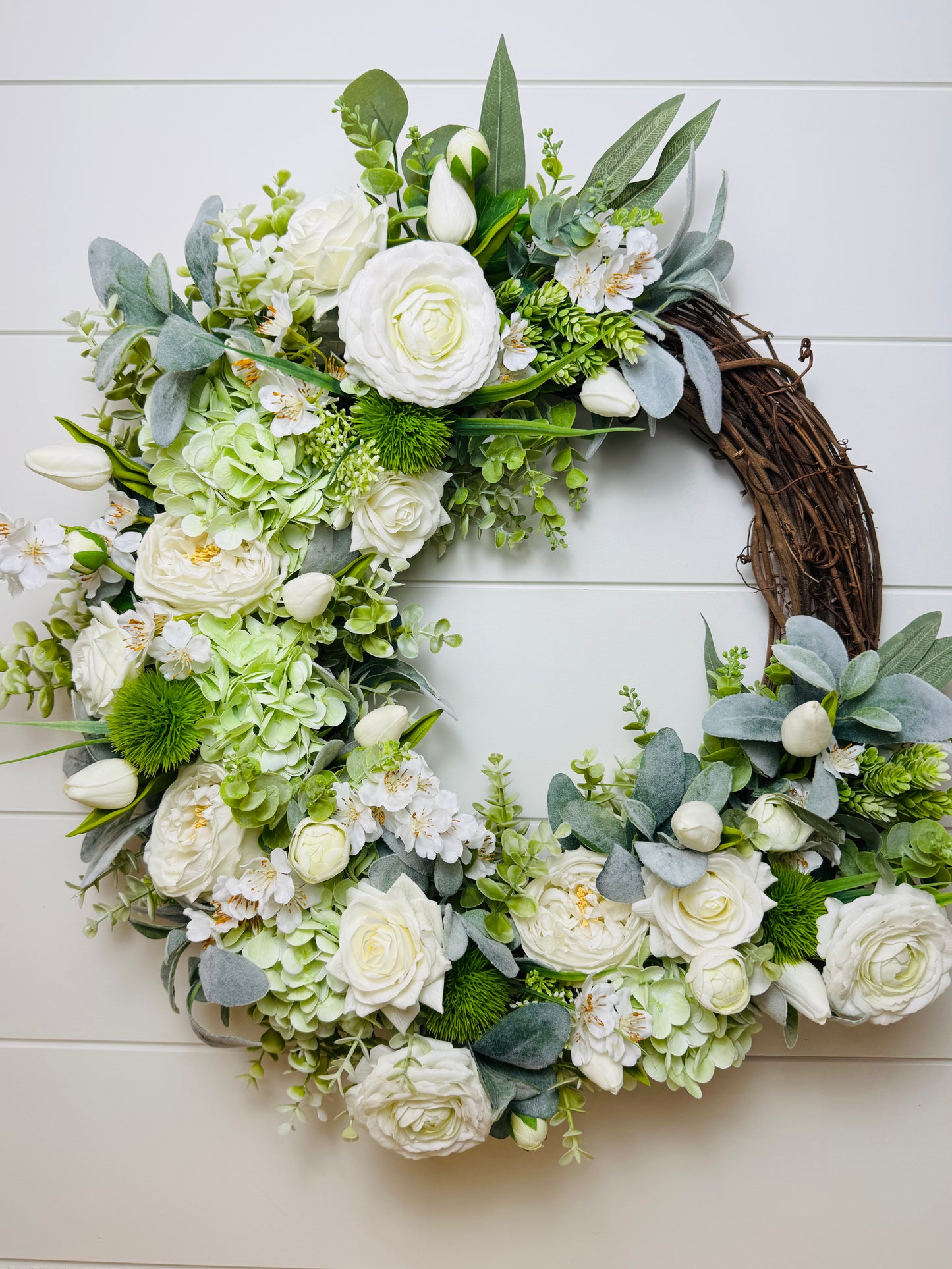 Summer Garden in White - Custom Real Touch Hydrangea, Rose & Tulip Wreath