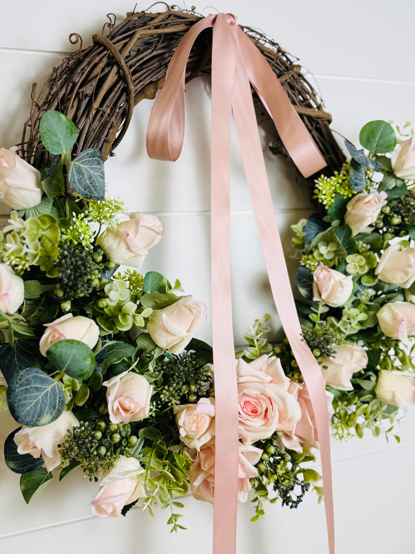 Custom Real Touch Pink Rose & Rosebud Wreath/Pink Satin Bow