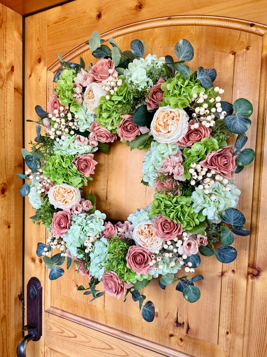 Custom Real Touch Hydrangea, Rose & Berry Wreath