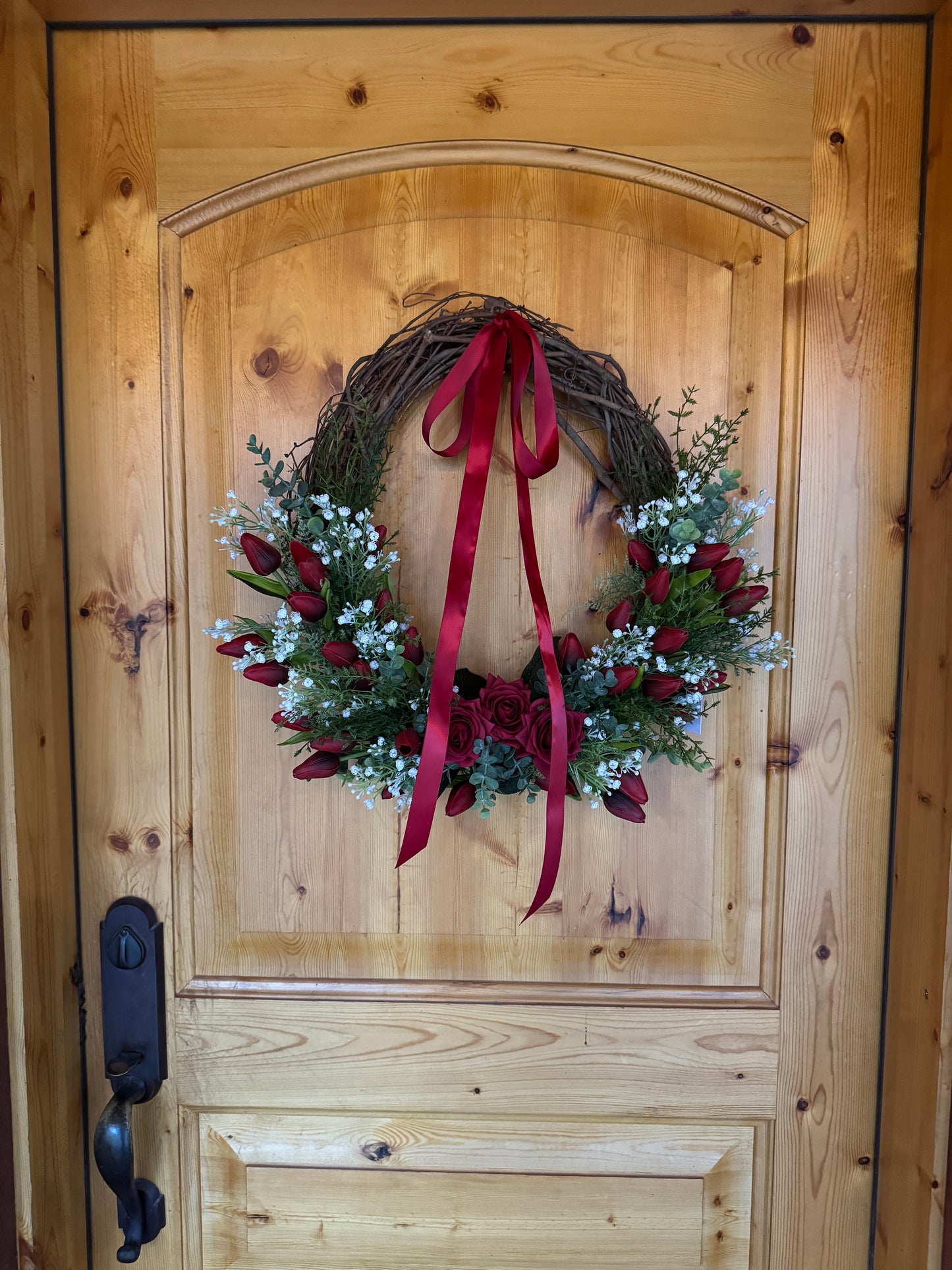 Custom Real Touch Red Rose & Tulip Wreath with Red Satin Ribbon
