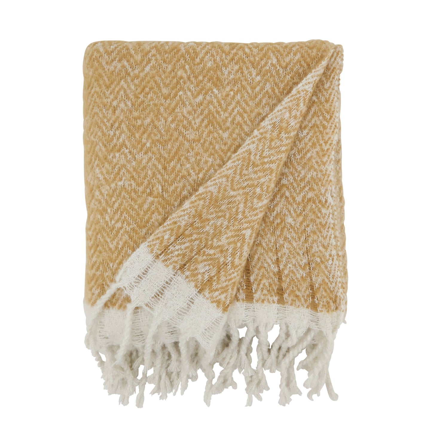 Faux Mohair Herringbone Fringed Throw: Natural