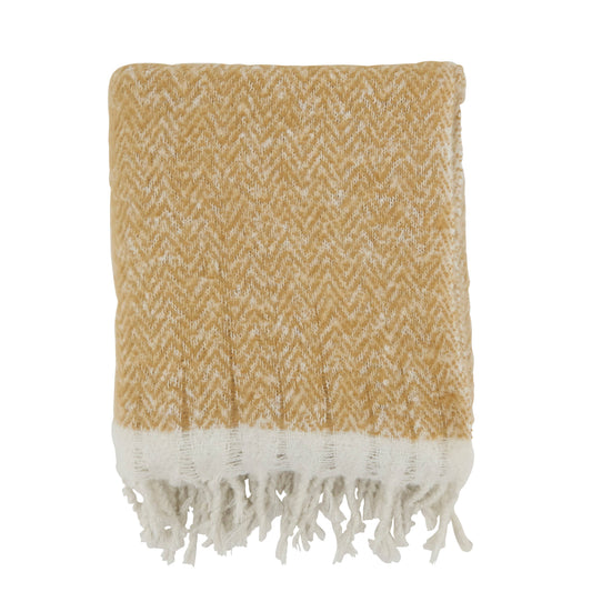 Faux Mohair Herringbone Fringed Throw: Natural